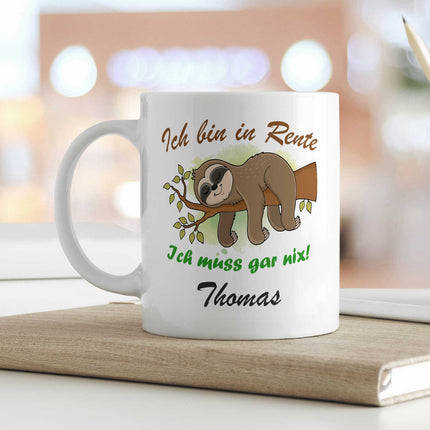 SEO. Bedruckte Tasse Faultier in Rente - Personalisiert mit Name - Weiß Linkreich
