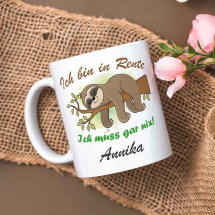 SEO. Bedruckte Tasse Faultier in Rente - Personalisiert mit Name - Weiß Linkreich