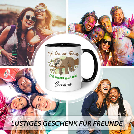 SEO. Bedruckte Tasse Faultier in Rente - Personalisiert mit Name - Schwarz & Weiß Linkreich