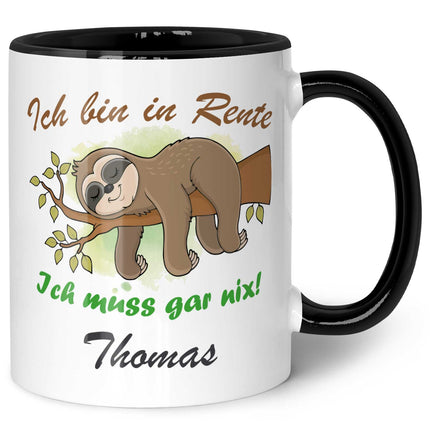 SEO. Bedruckte Tasse Faultier in Rente - Personalisiert mit Name - Schwarz & Weiß Linkreich