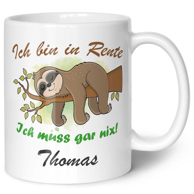 SEO. Bedruckte Tasse Faultier in Rente - Personalisiert mit Name - Weiß Linkreich