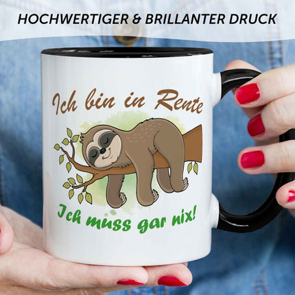 SEO. Bedruckte Tasse Faultier in Rente - Schwarz & Weiß Linkreich
