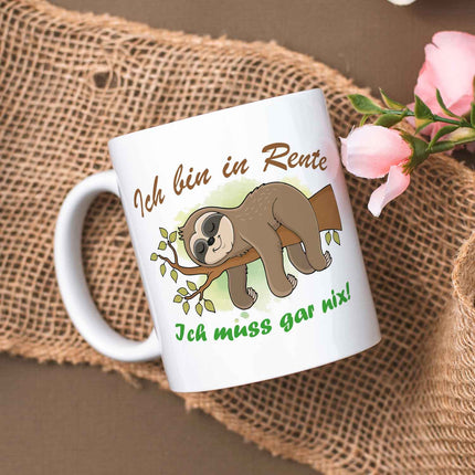 SEO. Bedruckte Tasse Faultier in Rente - Weiß Linkreich
