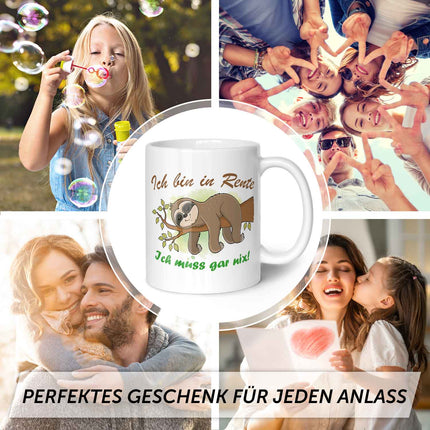 SEO. Bedruckte Tasse Faultier in Rente - Weiß Linkreich