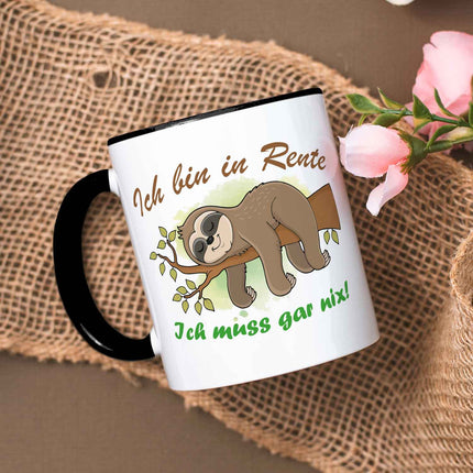 SEO. Bedruckte Tasse Faultier in Rente - Schwarz & Weiß Linkreich