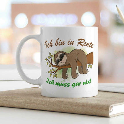SEO. Bedruckte Tasse Faultier in Rente - Weiß Linkreich
