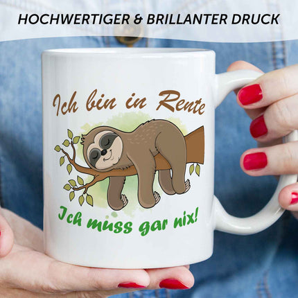 SEO. Bedruckte Tasse Faultier in Rente - Weiß Linkreich
