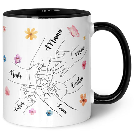 SEO. Bedruckte Tasse - Hände halten Mama - Geschenk zum Muttertag - Schwarz & Weiß Linkreich