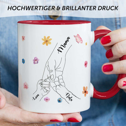 SEO. Bedruckte Tasse - Hände halten Mama - Geschenk zum Muttertag - Rot Linkreich