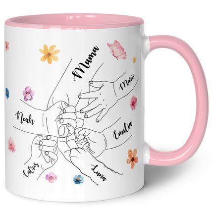 SEO. Bedruckte Tasse - Hände halten Mama - Geschenk zum Muttertag - Rosa Linkreich