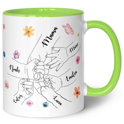 SEO. Bedruckte Tasse - Hände halten Mama - Geschenk zum Muttertag - Hellgrün Linkreich