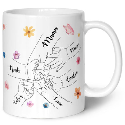 SEO. Bedruckte Tasse - Hände halten Mama - Geschenk zum Muttertag - Weiß Linkreich