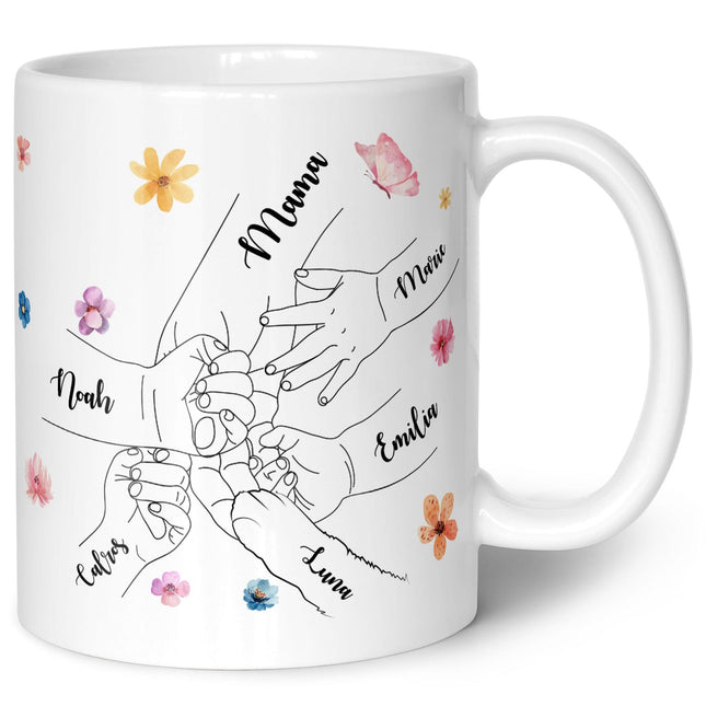 SEO. Bedruckte Tasse - Hände halten Mama - Geschenk zum Muttertag - Weiß Linkreich
