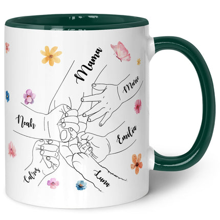 SEO. Bedruckte Tasse - Hände halten Mama - Geschenk zum Muttertag - Dunkelgrün Linkreich