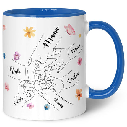 SEO. Bedruckte Tasse - Hände halten Mama - Geschenk zum Muttertag - Blau Linkreich