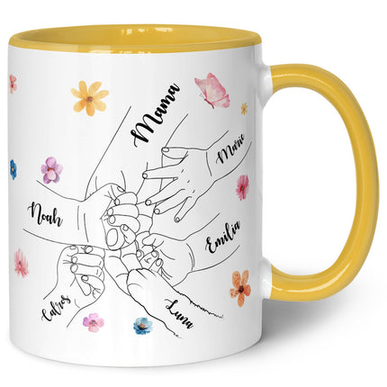 SEO. Bedruckte Tasse - Hände halten Mama - Geschenk zum Muttertag - Gelb Linkreich