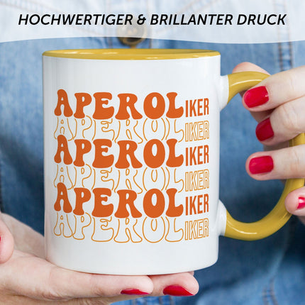 SEO. Bedruckte Tasse mit Aperol Spritz Motiv - Aperoliker - Aperol Geschenk für Frauen und Männer - Gelb Linkreich