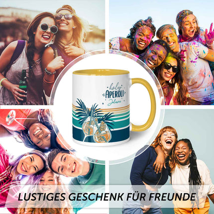 SEO. Bedruckte Tasse mit Aperol Spritz Motiv - Holy Aperoli - Aperol Geschenk für Frauen und Männer - Gelb Linkreich