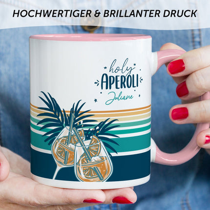 SEO. Bedruckte Tasse mit Aperol Spritz Motiv - Holy Aperoli - Aperol Geschenk für Frauen und Männer - Rosa Linkreich