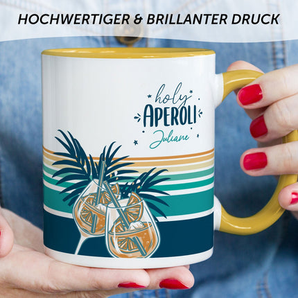 SEO. Bedruckte Tasse mit Aperol Spritz Motiv - Holy Aperoli - Aperol Geschenk für Frauen und Männer - Gelb Linkreich