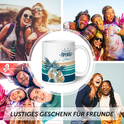 SEO. Bedruckte Tasse mit Aperol Spritz Motiv - Holy Aperoli - Aperol Geschenk für Frauen und Männer - Weiß Linkreich
