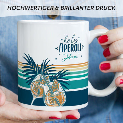 SEO. Bedruckte Tasse mit Aperol Spritz Motiv - Holy Aperoli - Aperol Geschenk für Frauen und Männer - Weiß Linkreich
