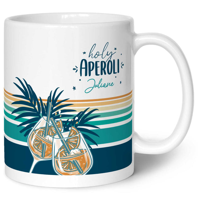 SEO. Bedruckte Tasse mit Aperol Spritz Motiv - Holy Aperoli - Aperol Geschenk für Frauen und Männer - Weiß Linkreich
