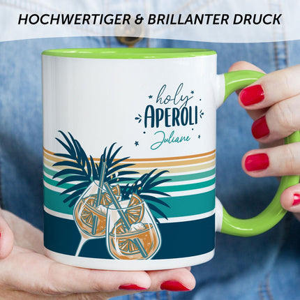 SEO. Bedruckte Tasse mit Aperol Spritz Motiv - Holy Aperoli - Aperol Geschenk für Frauen und Männer - Hellgrün Linkreich