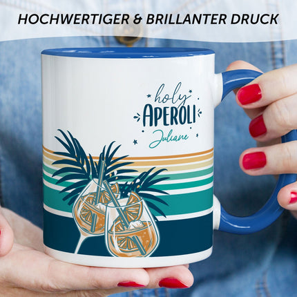 SEO. Bedruckte Tasse mit Aperol Spritz Motiv - Holy Aperoli - Aperol Geschenk für Frauen und Männer - Blau Linkreich