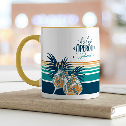 SEO. Bedruckte Tasse mit Aperol Spritz Motiv - Holy Aperoli - Aperol Geschenk für Frauen und Männer - Gelb Linkreich