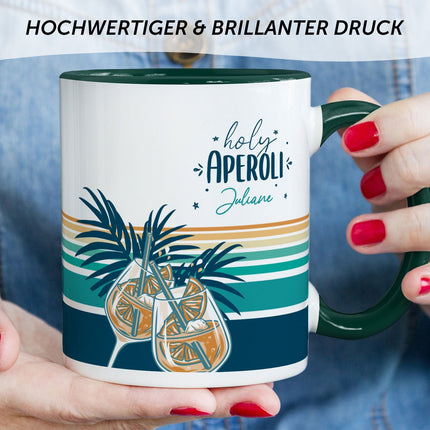 SEO. Bedruckte Tasse mit Aperol Spritz Motiv - Holy Aperoli - Aperol Geschenk für Frauen und Männer - Dunkelgrün Linkreich