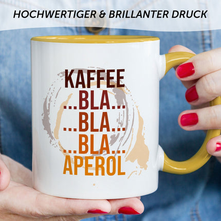 SEO. Bedruckte Tasse mit Aperol Spritz Motiv - Kaffee bla bla bla Aperol - Aperol Geschenk - Gelb Linkreich