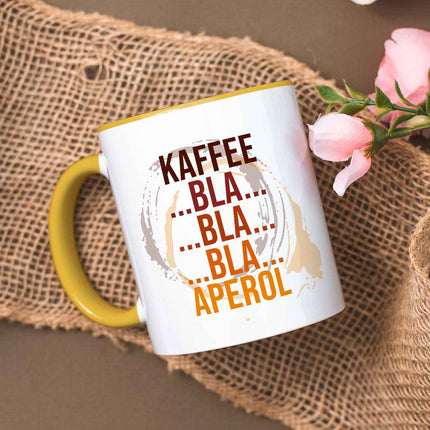 SEO. Bedruckte Tasse mit Aperol Spritz Motiv - Kaffee bla bla bla Aperol - Aperol Geschenk - Gelb Linkreich