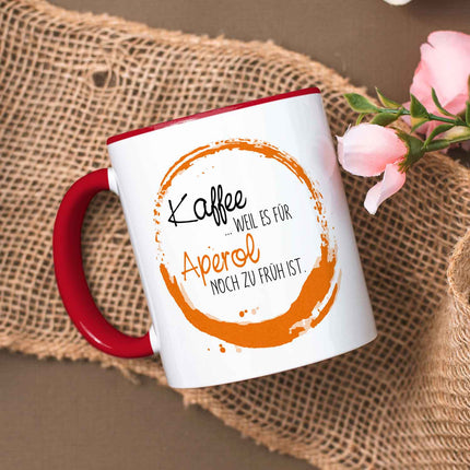 SEO. Bedruckte Tasse mit Aperol Spritz Motiv - Kaffee , weil es für Aperol noch zu früh ist - Rot Linkreich