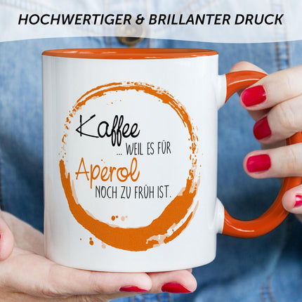 SEO. Bedruckte Tasse mit Aperol Spritz Motiv - Kaffee , weil es für Aperol noch zu früh ist - Hellgrün Linkreich