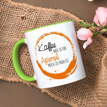 SEO. Bedruckte Tasse mit Aperol Spritz Motiv - Kaffee , weil es für Aperol noch zu früh ist - Hellgrün Linkreich