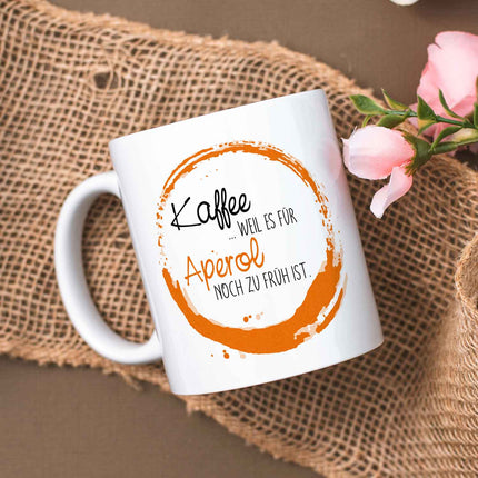 SEO. Bedruckte Tasse mit Aperol Spritz Motiv - Kaffee , weil es für Aperol noch zu früh ist - Weiß Linkreich