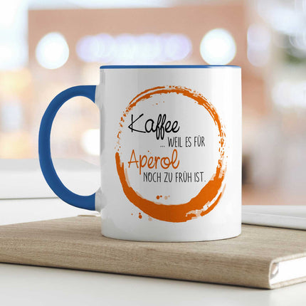 SEO. Bedruckte Tasse mit Aperol Spritz Motiv - Kaffee , weil es für Aperol noch zu früh ist - Blau Linkreich
