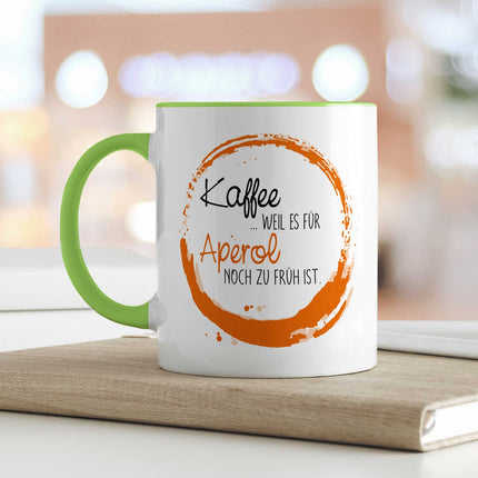 SEO. Bedruckte Tasse mit Aperol Spritz Motiv - Kaffee , weil es für Aperol noch zu früh ist - Hellgrün Linkreich
