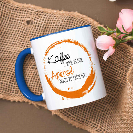 SEO. Bedruckte Tasse mit Aperol Spritz Motiv - Kaffee , weil es für Aperol noch zu früh ist - Blau Linkreich