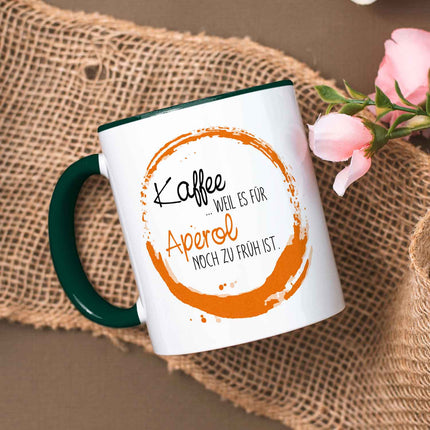 SEO. Bedruckte Tasse mit Aperol Spritz Motiv - Kaffee , weil es für Aperol noch zu früh ist - Dunkelgrün Linkreich