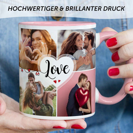 SEO. Bedruckte Tasse mit dem Spruch Love und acht eigenen Fotos - Rosa Linkreich