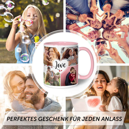 SEO. Bedruckte Tasse mit dem Spruch Love und acht eigenen Fotos - Rosa Linkreich