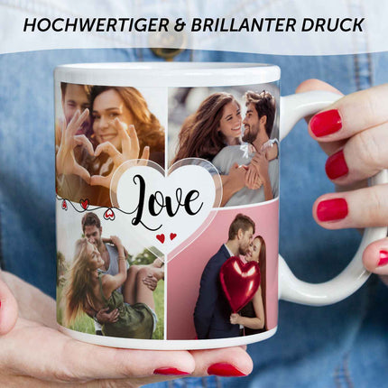 SEO. Bedruckte Tasse mit dem Spruch Love und acht eigenen Fotos - Weiß Linkreich
