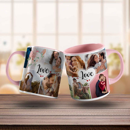 SEO. Bedruckte Tasse mit dem Spruch Love und acht eigenen Fotos - Rosa Linkreich