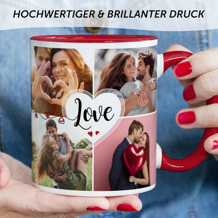 SEO. Bedruckte Tasse mit dem Spruch Love und acht eigenen Fotos - Rot Linkreich