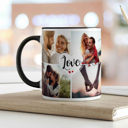 SEO. Bedruckte Tasse mit dem Spruch Love und acht eigenen Fotos - Schwarz & Weiß Linkreich