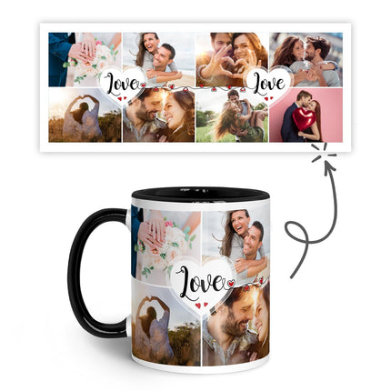 SEO. Bedruckte Tasse mit dem Spruch Love und acht eigenen Fotos - Schwarz & Weiß Linkreich