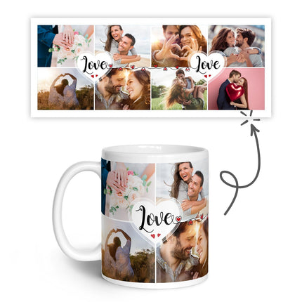 SEO. Bedruckte Tasse mit dem Spruch Love und acht eigenen Fotos - Weiß Linkreich