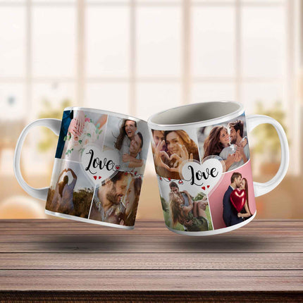 SEO. Bedruckte Tasse mit dem Spruch Love und acht eigenen Fotos - Weiß Linkreich